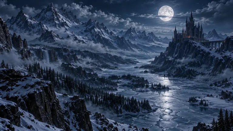 A snowy mountain valley and a distant castle