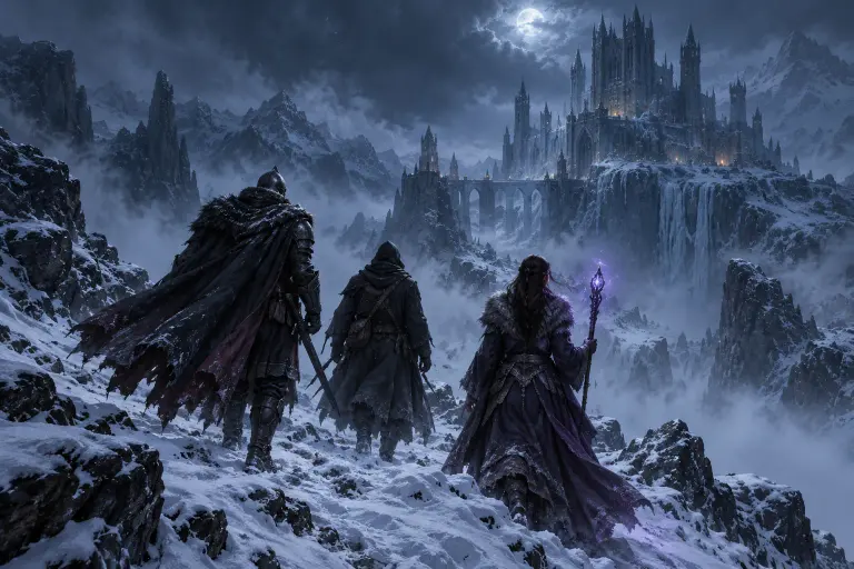 Three travelers walking toward a frozen castle