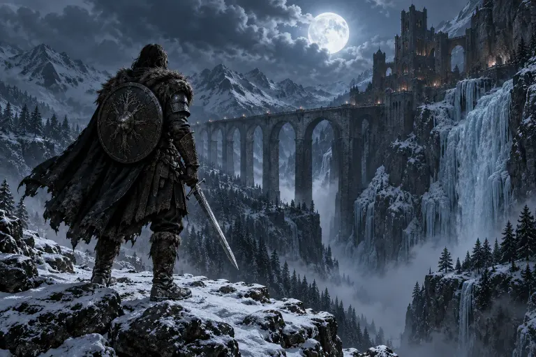 A cloaked warrior with sword and shield on a snowy cliff