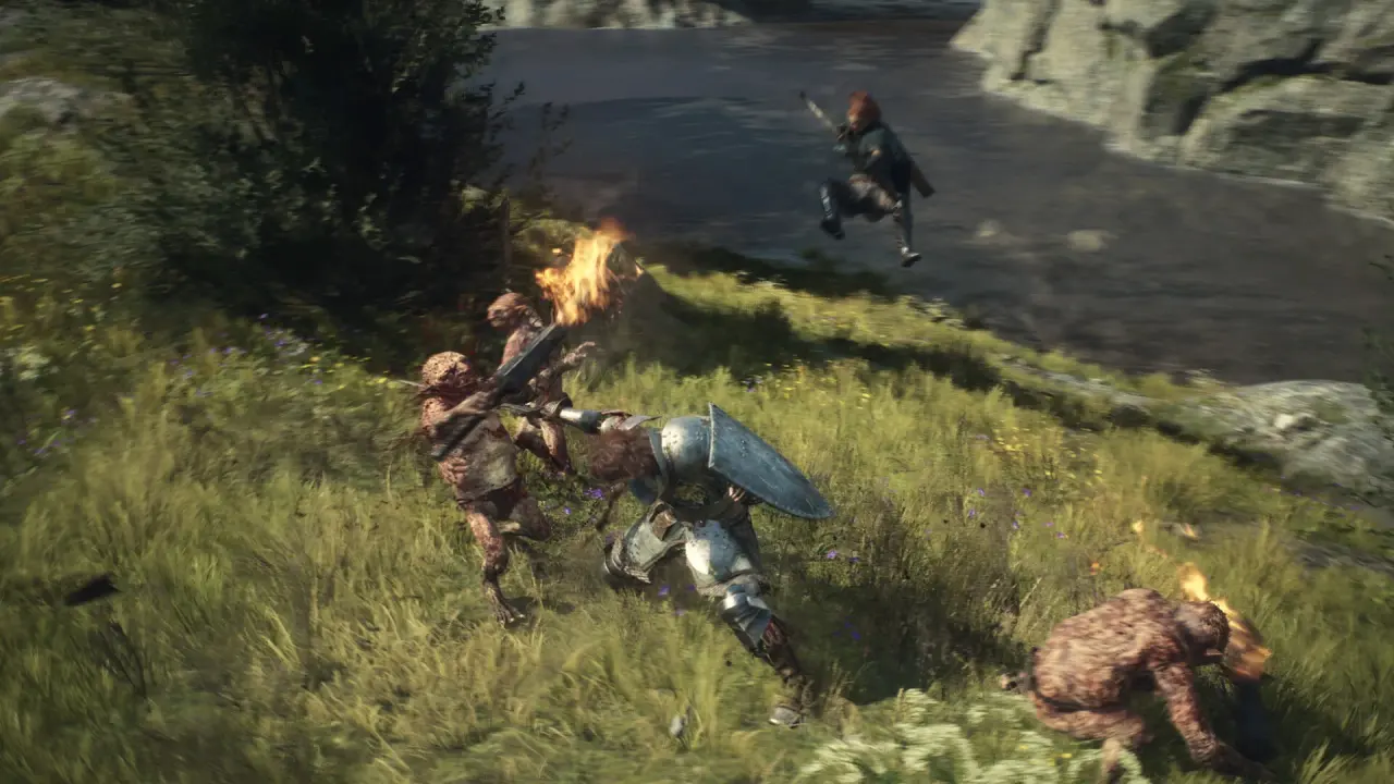 A sword-and-shield fighter battles small enemies on a grassy path.