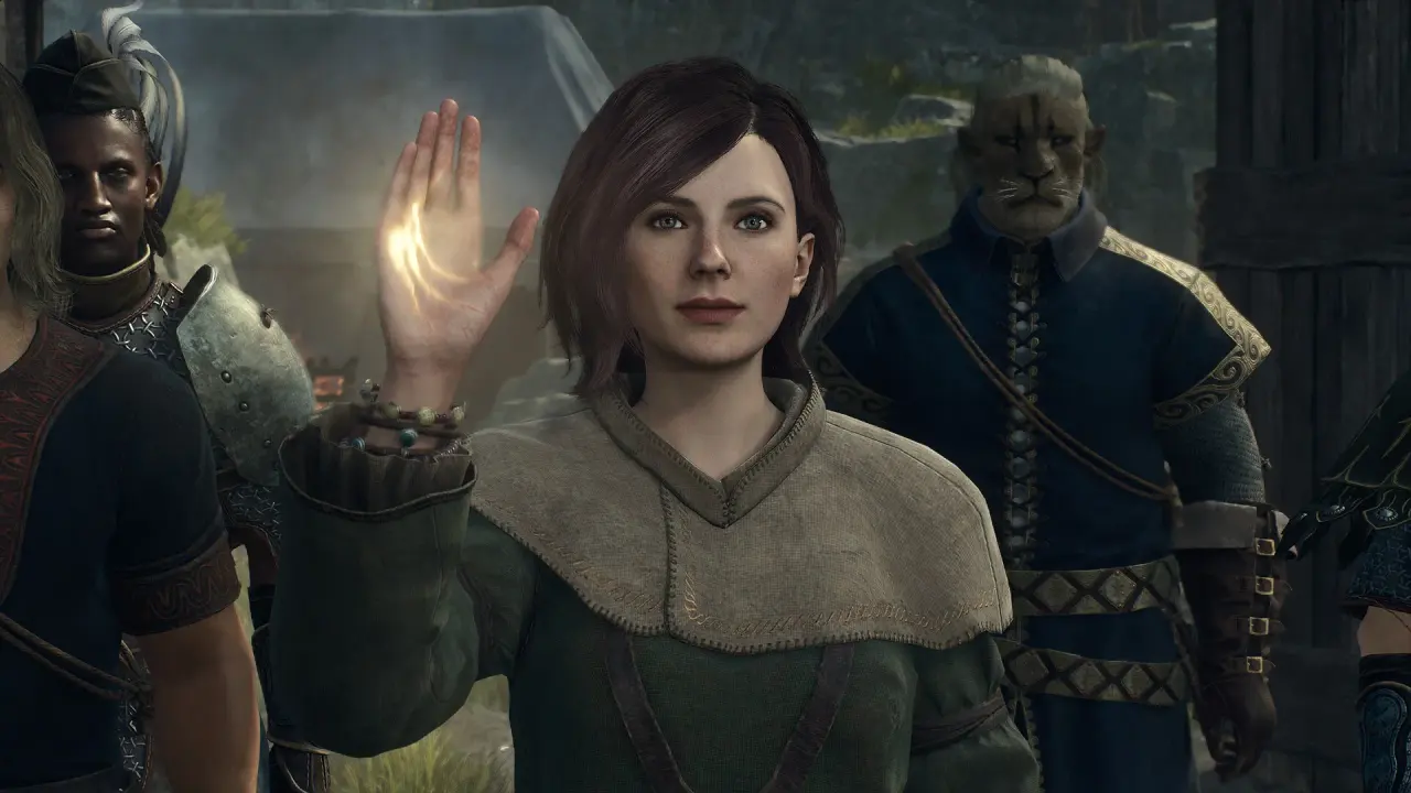 A woman raises a glowing hand while companions stand behind her.