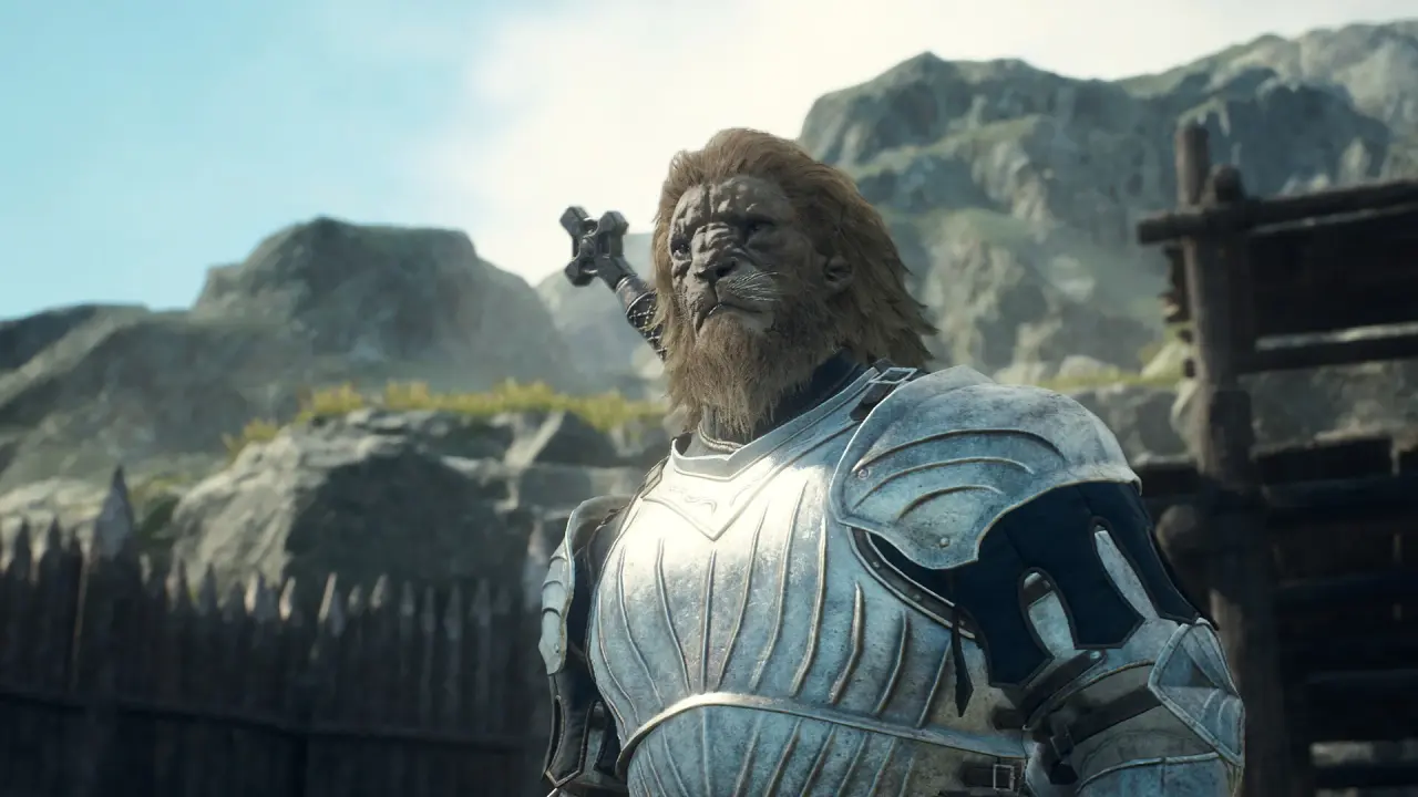 A beastren warrior in plate armor stands beside wooden fortifications.