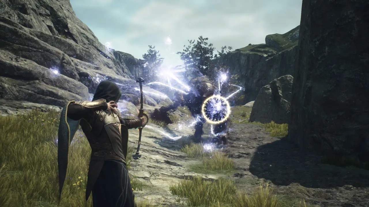 An archer aims glowing magick arrows along a rocky canyon.