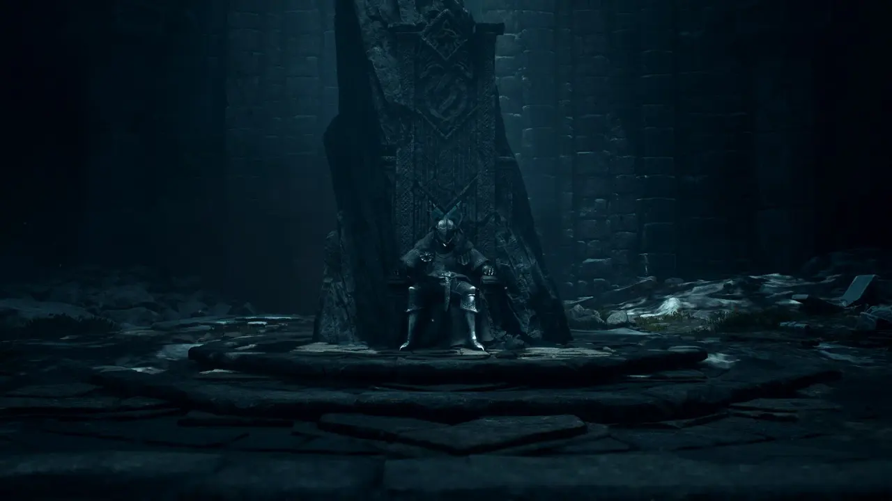 A lone adventurer stands in a dark chamber with tall stone pillars.